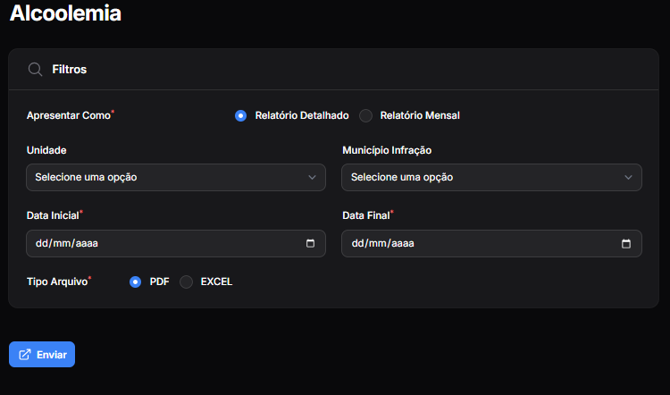 Tela do relatório de Alcoolemia mostrando os filtros de período, unidade e formato