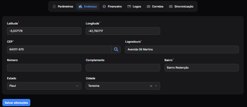 Tela de Configurações de Endereço