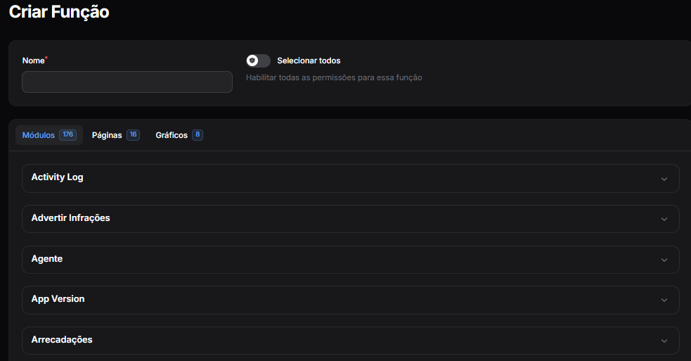 Tela de criação de função com módulos de permissão