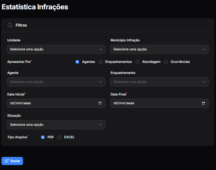 Tela do relatório Estatística de Infrações