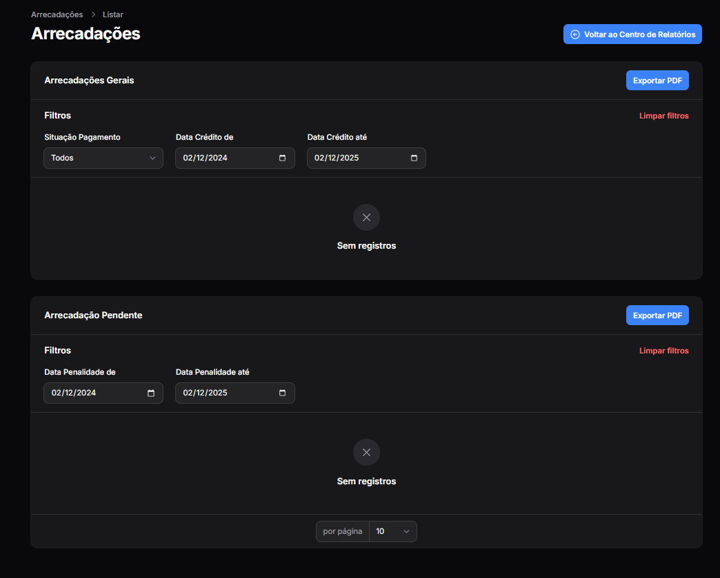 Tela principal do relatório de Arrecadações